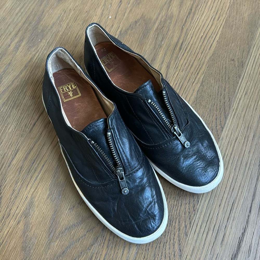 Frye Black Leather Zip-Front Slip-On Sneakers with White Soles